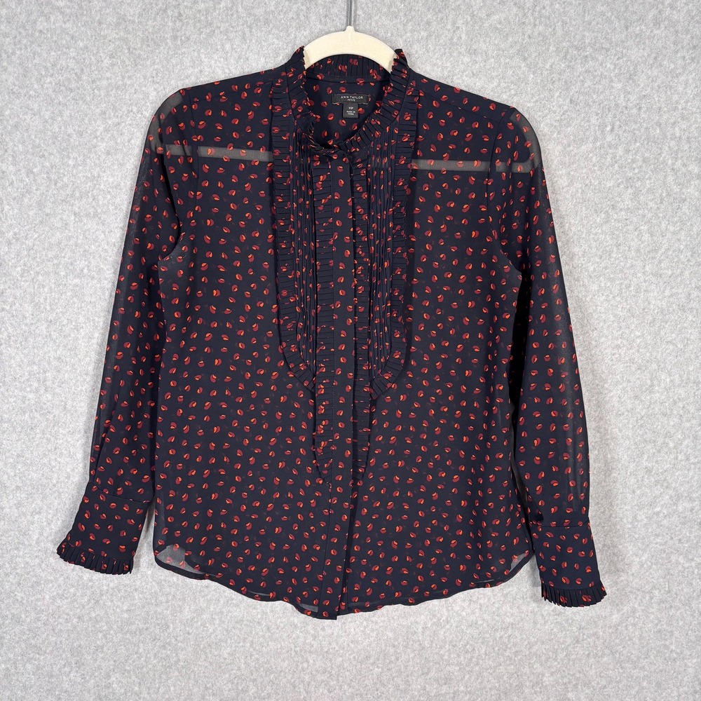 Ann Taylor Sheer Blouse XSP Navy Ruffle Tuxedo Dark Maximalist Feminine Romantic